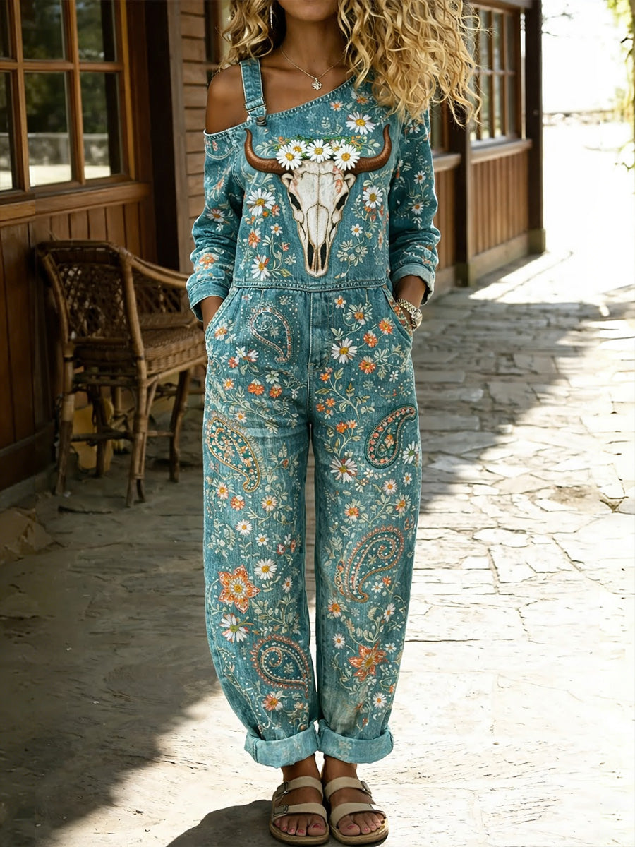 Women's Retro Western Floral Art Print Washed Cotton Denim Patchwork Jumpsuit